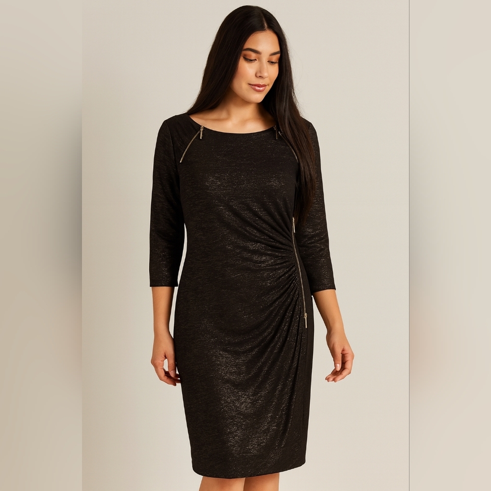 Cache Black Dress w/Gold Zipper Details size L. New, washed/never used.